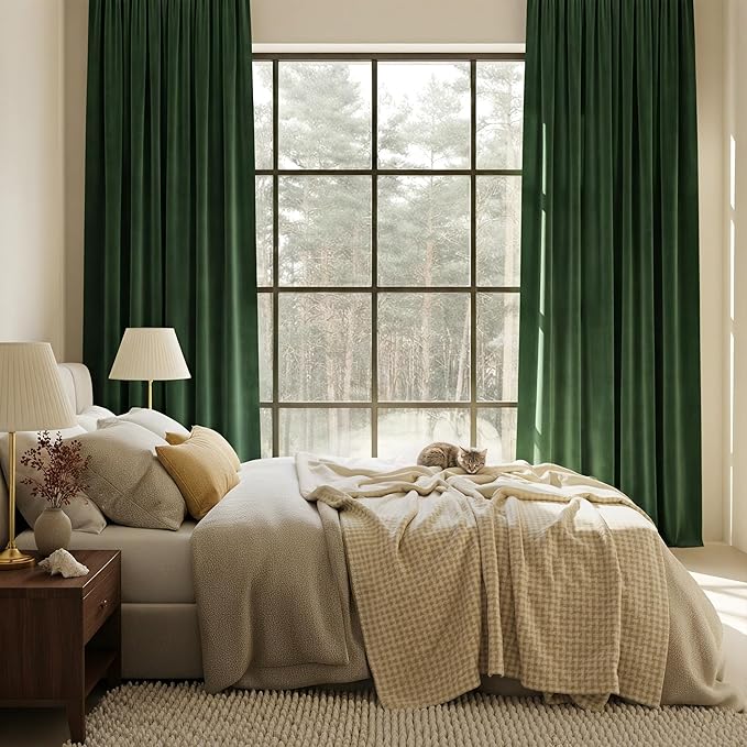NICETOWN Green Velvet Curtains 120 inches - Olive Green Light Filtering Curtains for Bedroom and Living Room, Thermal Insulated Soft Luxury Home Decor, W52 x L120, 2 Panels
