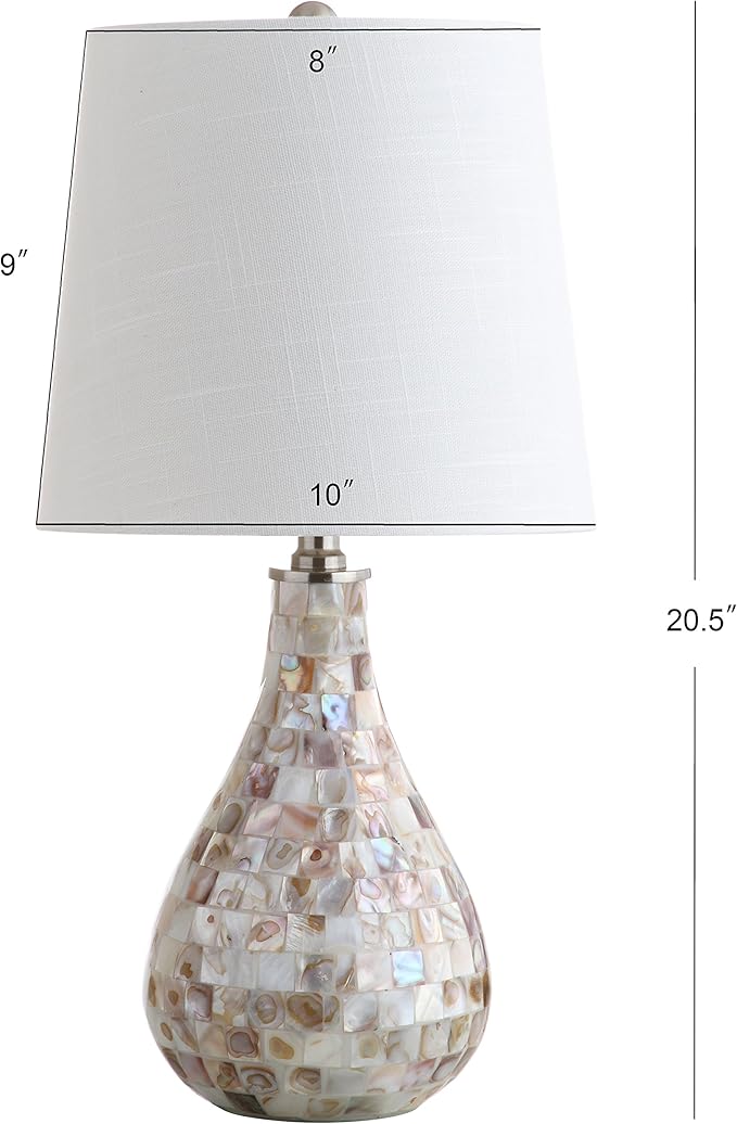JONATHAN Y 20.5" Seashell Coastal Mini LED Table Lamp for Living Room Office, White Linen Drum Shade, Modern Mother of Pearl Bedside Nightstand Lamp, LED Bulb Included JYL1024A