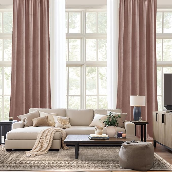 NICETOWN Dusty Pink Velvet Curtains 90 inches Long 2 Panels Set (52-inch Wide), Thermal Insulated Sound Reducing Blackout Curtains and Drapes for Film, Window Curtains for Large Door Windows