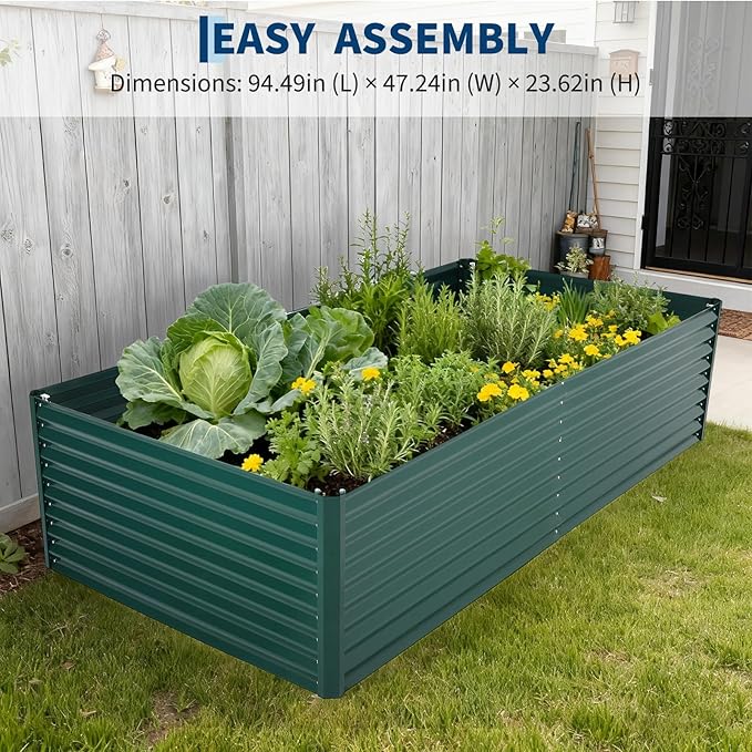 Garvee Galvanized Raised Garden Bed Large Rectangular Kit with Cover Zippered Screen Doors, Open Base Design, Thick Steel, Easy Assembly, Planter Box for Vegetables, Flowers (Dark Green, 8x4x2 ft)