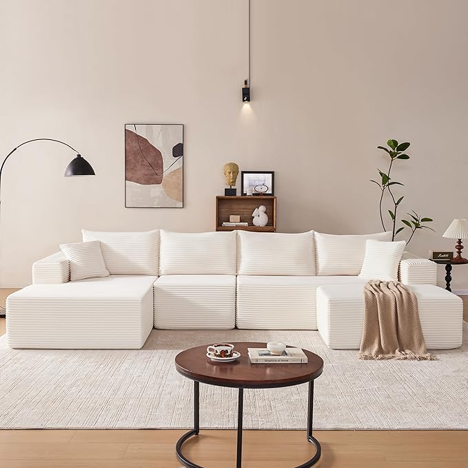 140” Cloud Sectional Couch, Modular Sectional Sofa with Deep Seat, Boneless Sofa for Living Room, Fluffy Comfy U-Shaped Couch with Left Facing Chaise, No Assembly Required, Beige