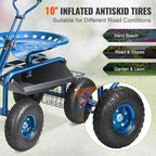 VEVOR Garden Cart Rolling Workseat with Wheels, Gardening Stool for Planting, 360 Degree Swivel Seat, Wagon Scooter with Steering Handle & Utility Tool Tray, Use for Patio, Yard, and Outdoors, Blue