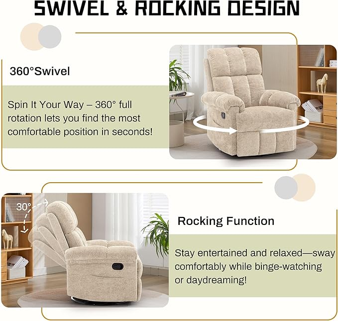 Recliner Chair, Swivel Rocker Recliner Chair for Adults, Small Recliners for Small Spaces, Manual Recliner with Side Pockets, Upholstered Nursery Rocking Chair for Living Room, Chenille, Khaki