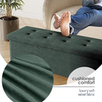 Storage Ottoman Bench with Bins, 43-in Storage Bench for Bedroom End of Bed, Folding Foot Rest Ottoman for Living Room Max 660lbs, Velvet Ottomans, Green