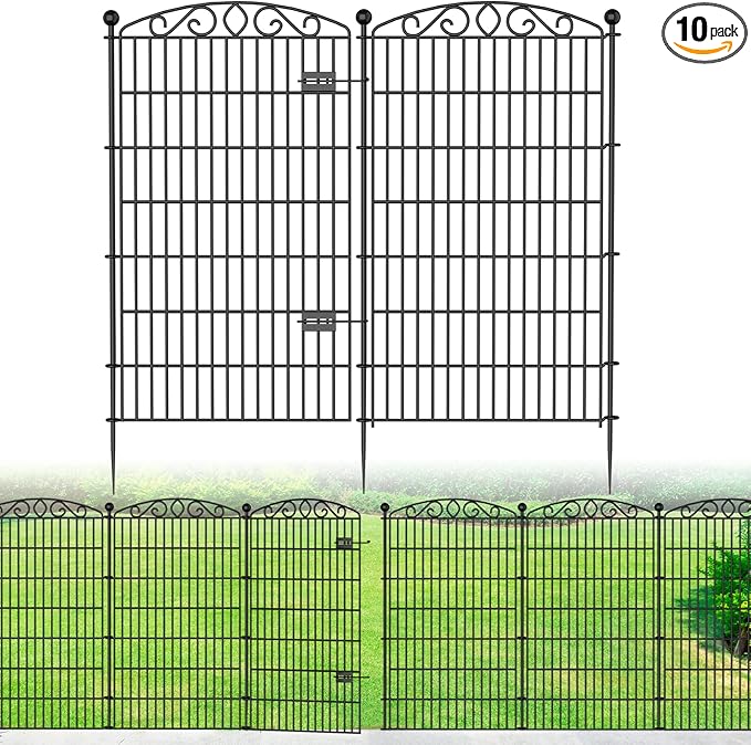10 Panel No Dig Decorative Garden Fence with Gate - 48in H x 23.2 ft L,Dog Fence Outdoor for Yard,Tall Animal Barrier for Dogs Rabbits, Rustproof Metal Wire Panels for Yard,Patio, Flower Bed