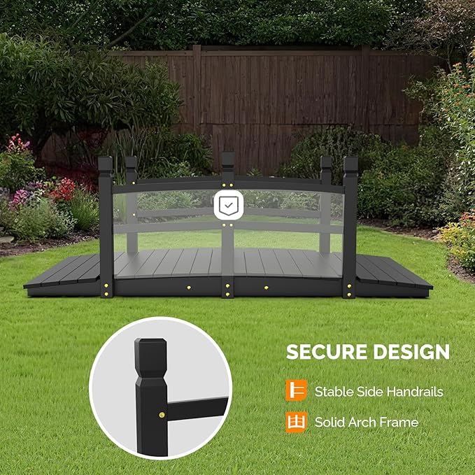 VINGLI Garden Bridge, Classic Wooden Bridge with Safety Rails, Decorative Arched Footbridge (Black, 5 ft)