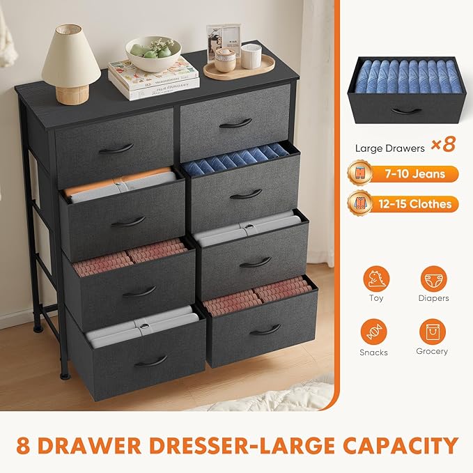 Dresser for Bedroom with 8 Drawers, Anti-Tip Tall Fabric Chests Storage Organizer Tower Furniture with Wooden Top Metal Frame for Clothes, Closet, Living Room, Hallway, Entryway