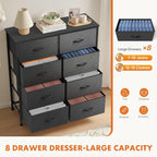 Dresser for Bedroom with 8 Drawers, Anti-Tip Tall Fabric Chests Storage Organizer Tower Furniture with Wooden Top Metal Frame for Clothes, Closet, Living Room, Hallway, Entryway