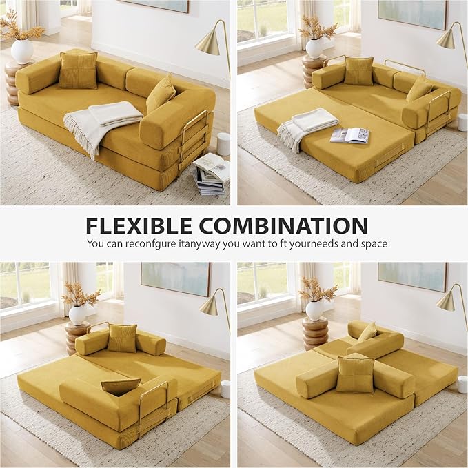 4-in-1 Folding Convertible Sofa Bed, 78 Inch Boneless Couch with Fixed-Shape Frame, Corduroy Loveseat Sleeper with Pull Out Bed, Floor Sofa Modular Futon Couch for Living Room Bedroom Lounge (Yellow)