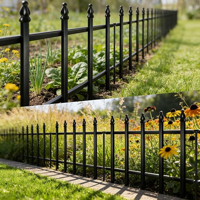 Metal Decorative Garden Fence 12" H x 16" W (5 Panels, Total Length 6.6 feet) Metal Border Folding Fence, Landscape Fencing for Flower Bed, Yard, Animal Barrier