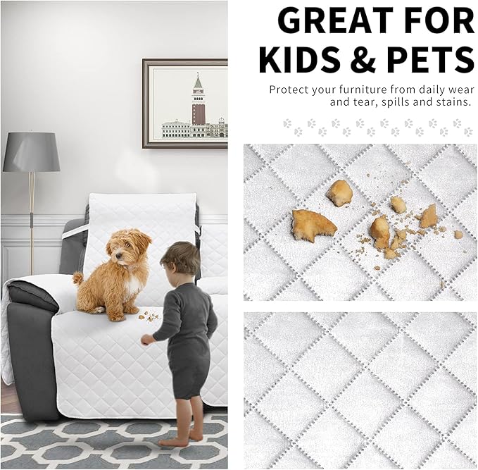 Easy-Going Loveseat Recliner Cover with Console, Reversible Couch Cover for Living Room, Split Sofa Cover for Each Seat with Elastic Straps for Dogs, Pets(2 Seater, White/White)