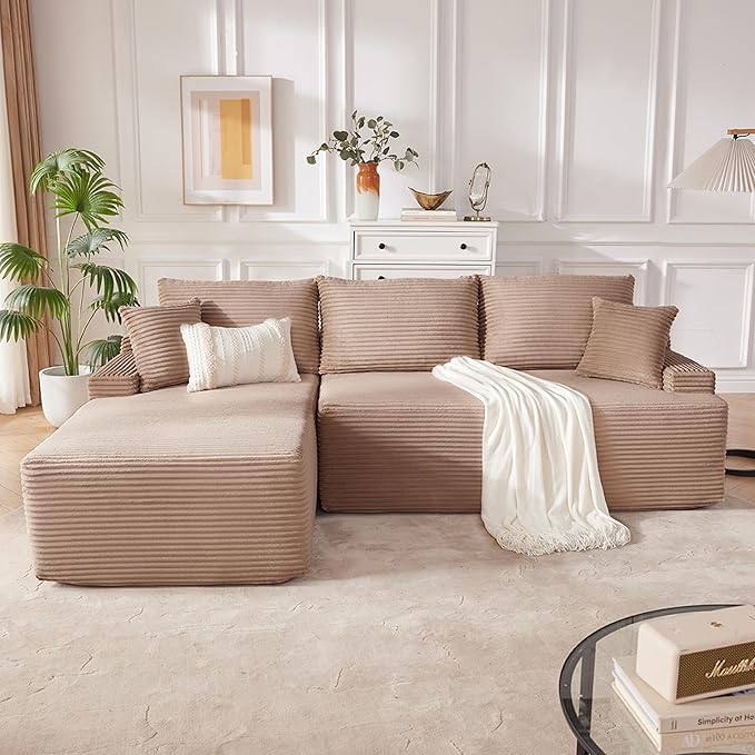 Cloud Sectional Couch, Boneless Sofa for Living Room, Modular Sectional Sofa with Deep Seat, Fluffy Comfy Couch with L-Shaped Chaise, No Assembly Required, Camel