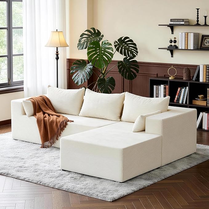 106" Cloud Sectional Boneless Couches for Living Room, Modular L Shaped Couch with Deep Seat Oversized Right Facing Chaise, Memory Foam Compressed Spineless 3 Seater Sofa for Apartment, Beige