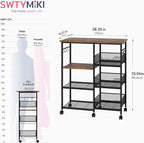 SWTYMIKI Kitchen Island Cart on Wheels - 28.35x14.57in Rolling Kitchen Table Cart with Storage Shelves, 6 Removable Hooks& Locking Casters, Coffee Bar Cabinet for Dining Room Pantry Office, Espresso