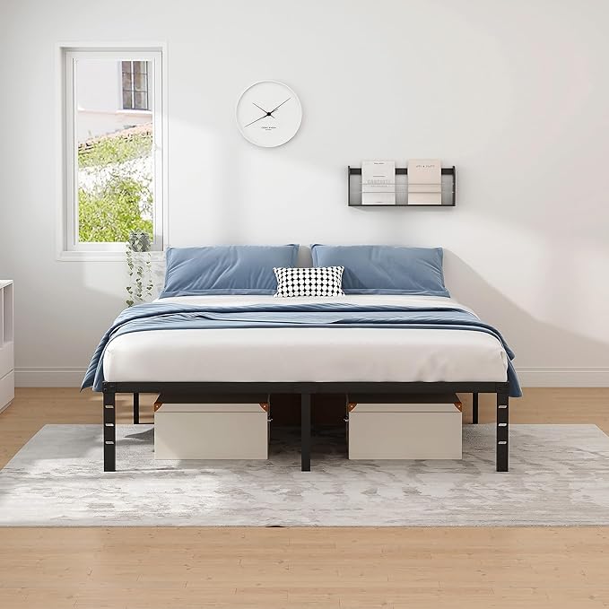 Metal Bed Frame,Queen Size Bed Frame with Storage Space,Heavy Duty Sturdy Mattress Foundation,Easy Assembly,No Box Spring Needed, Black,18 Inch,Queen