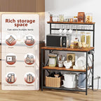 Furologee Kitchen Bakers Rack with Power Outlet,Coffee Stand with Storage 4 Tiers,Coffee Bar Station with a 31.5 Inch Larger Desktop and 8 S Hooks,Kitchen Microwave Rack for Spices,Pots,Rustic Brown