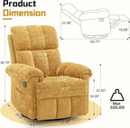 Recliner Chair, Swivel Rocker Recliner Chair for Adults, Small Recliners for Small Spaces, Upholstered Manual Recliner with Side Pockets, Nursery Rocking Chair for Living Room, Chenille, Yellow