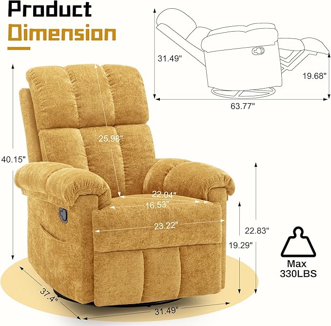 Recliner Chair, Swivel Rocker Recliner Chair for Adults, Small Recliners for Small Spaces, Upholstered Manual Recliner with Side Pockets, Nursery Rocking Chair for Living Room, Chenille, Yellow