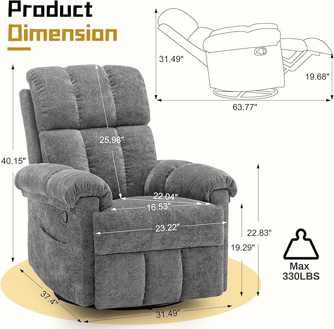 Recliner Chair, Swivel Rocker Recliner Chair for Adults, Small Recliners for Small Spaces, Manual Recliner with Side Pockets, Upholstered Nursery Rocking Chair for Living Room, Chenille, Grey