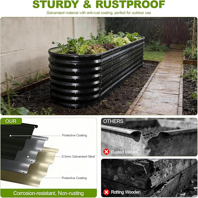 24" Tall Galvanized Raised Garden Bed Outdoor, 8x2x2ft Deep Metal Planter Box with Safety Edging & Support Bars, Large Oval Raised Beds for Gardening Plants Vegetables Herbs Flowers (Dark Grey)