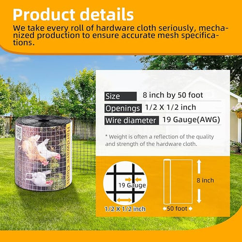 8in x 50ft Black Hardware Cloth 1/2 inch 19Ga PVC Coated Wire Mesh Vinyl Coated Fence, Welded Metal Chicken Wire Fencing Roll, Garden Plant Fencing, for Chicken Coop and Home Improvement