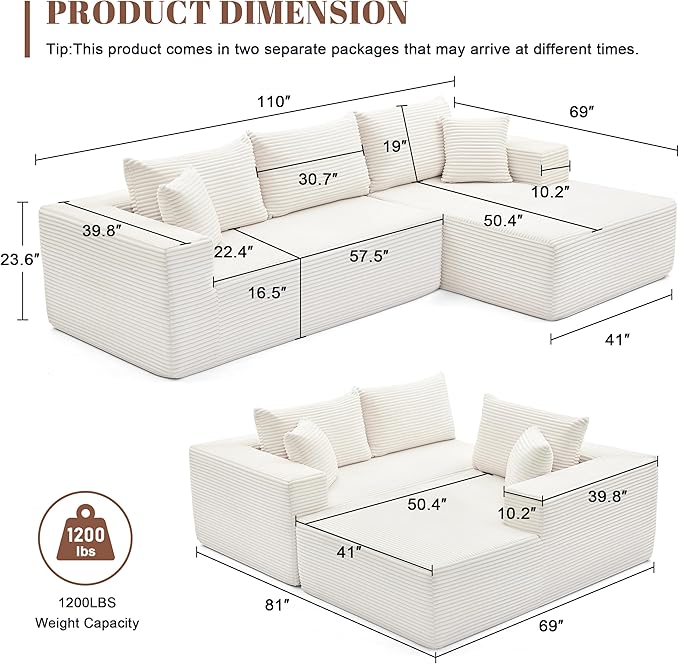 110” Cloud Sectional Couch, Boneless Sofa for Living Room, Modular Sectional Sofa with Deep Seat, Comfy Fluffy Couch with L-Shaped Chaise, No Assembly Required, Beige