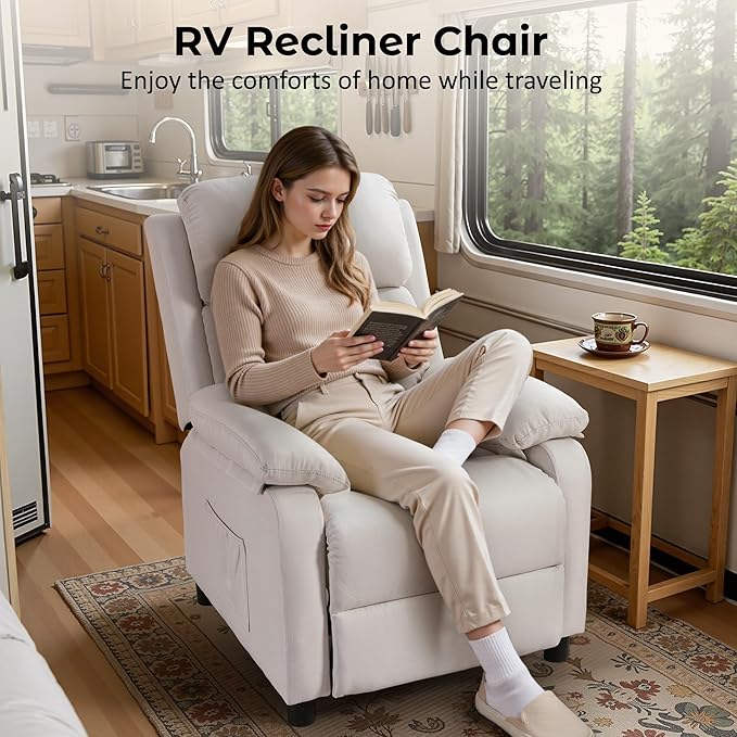 Recliner Chair, Reading Chair for Adults with Side Pockets, Recliners with Padded Deep Seat, Small Recliners for Small Spaces, Linen Fabric Comfy Chair for Bedroom, Living Room, and RV