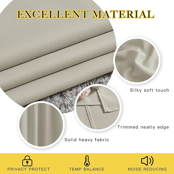 NICETOWN Room Darkening Bedroom Curtains 63 inches Long, Window Treatment Thermal Insulated Solid Grommet Voice Reducing Drapes for Kids Room, Natural, Set of 2, W46 x L63
