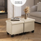 Storage Ottoman Cube with Small Bin, 15-in Square Ottoman with Storage for Living Room and Bedroom, Small Ottomans Foot Rest, Leather Foot Stools Ottomans Max 330lbs, Beige