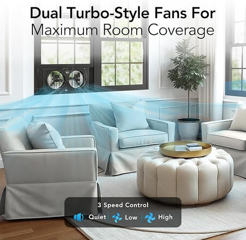 Comfort Zone Window Fan for Bedroom, 9 inch 3 Speed Dual Fans with Auto-Locking Expanders, Window Exhaust Fan, Removeable Bug Screen, Black