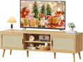 SUPERJARE Boho TV Stand for 65 Inch TV, Entertainment Center with Adjustable Shelf, Rattan TV Console with 2 Cabinets, Media Console, Solid Wood Feet, 4 Cord Holes, for Living Room - Natural