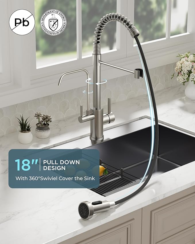 FORIOUS Kitchen Faucet with Purfied Water Filter, 2 in 1 Commercial Stainless Steel Pull Down Sink Faucet and Drinking Water Faucet 2 Handle for Pot Filler Kitchen Sink Farmhouse Bar, Brushed Nickel