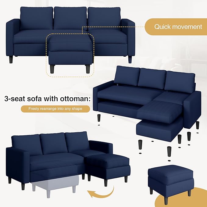 JAMFLY 3-Seat Convertible L-Shaped Sectional Sofa with Reversible Ottoman, Upholstered Fabric Couch for Small Living Rooms, Modern Modular Couch for Apartment, Studio & Loft, Blue