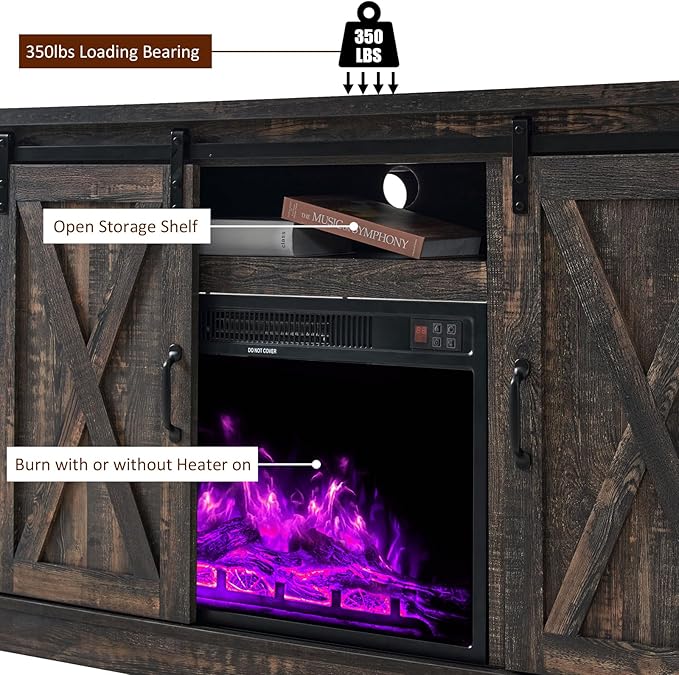 AMERLIFE Fireplace TV Stand with Sliding Barn Door for TVs up to 73", Farmhouse 63" Fireplace Entertainment Center with Storage Cabinets/Adjustable Shelves, Dark Rustic Oak