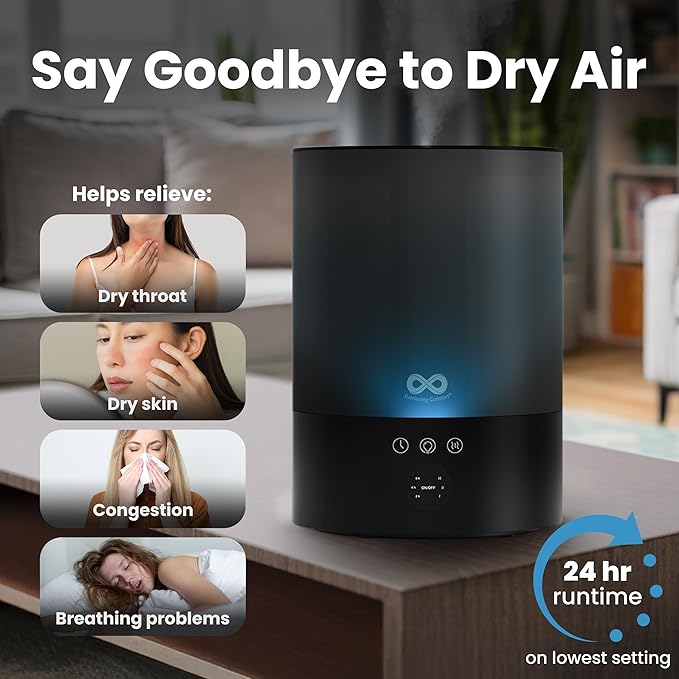 Everlasting Comfort 2.5L Top Fill Humidifiers for Bedroom - Quiet Easy to Fill & Clean, 24HR Runtime, Night Lights, Timer, Ultrasonic Cool Mist Humidifier, Auto Shut-Off, Essential Oil Diffuser