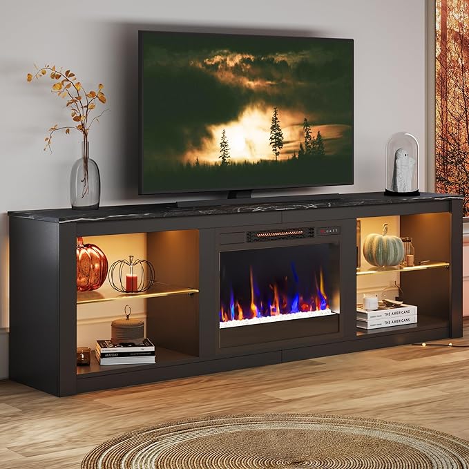 Bestier 70 Inch Fireplace TV Stand for TV up to 75", LED Entertainment Center with 23" Electric Fireplace Media Console Table for Living Room with Glass Shelves, Black Marble
