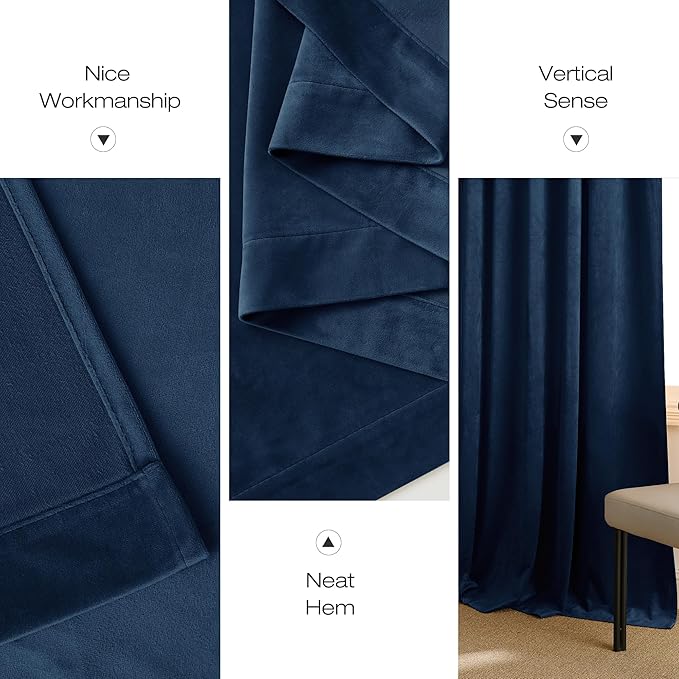NICETOWN Navy Blue Velvet Blackout Curtains 96 inch Long for Bedroom and Living Room, Rod Pocket Drapes Soft Privacy Protection Window Treatments for Hall (2 Pieces, 52" Wide)