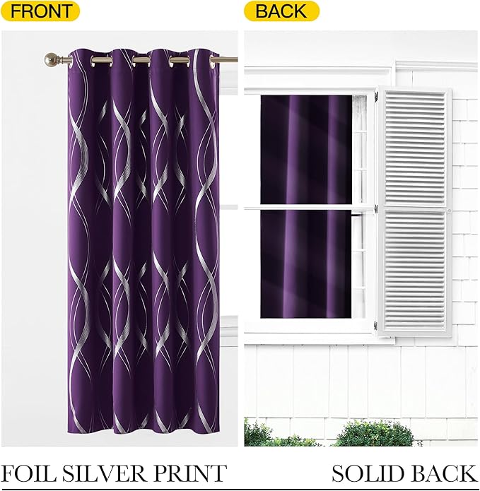 NICETOWN Royal Purple Blackout Curtains 84 inch Long for Living Room, Gothic Vibe for Wave Line Foil Print Design Drapes for Home Decoration Wall Cover, 2 Panels