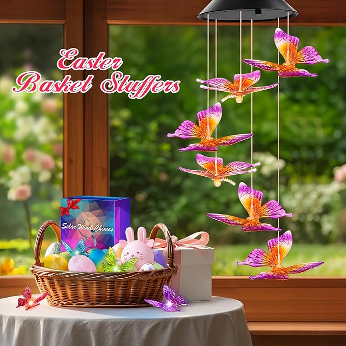 Easter Basket Stuffers Gifts for Her Mom Grandma, Birthday Gardening Gifts for Women, Winzwon Solar Lights Outdoor Wind Chimes for Garden Yard Patio Porch Decor Hanging Butterfly Decorations