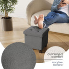 Storage Ottoman Cube with Small Bin, 15-in Square Ottoman with Storage for Living Room and Bedroom, Small Ottomans Foot Rest, Fabric Foot Stools Ottomans Max 330lbs, Grey