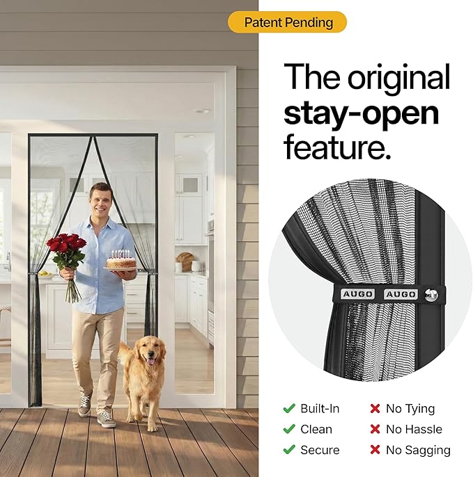 AUGO Magnetic Screen Door - Self Sealing, Heavy Duty, Hands Free Mesh Partition Keeps Bugs Out - Pet and Kid Friendly - Patent Pending Keep Open Feature - 38 Inch x 81 Inch