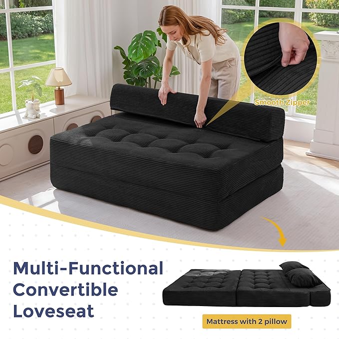 MAXYOYO Folding Sofa Couch, Convertible Floor Sleeper Couch with 2 Pillows, Tufted Floor Loveseat Couch Tufted Fold Out Chair Bed Comfy Sofa Lounge for Living Room Bedroom, Black
