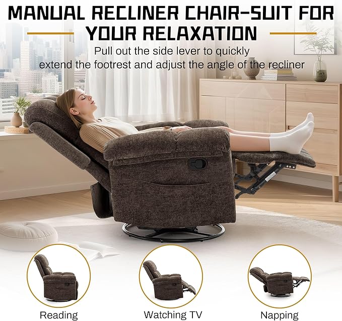 Recliner Chair, Swivel Rocker Recliner Chair for Adults, Small Recliners for Small Spaces, Upholstered Manual Recliner with Side Pockets, Nursery Rocking Chair for Living Room, Chenille, Brown