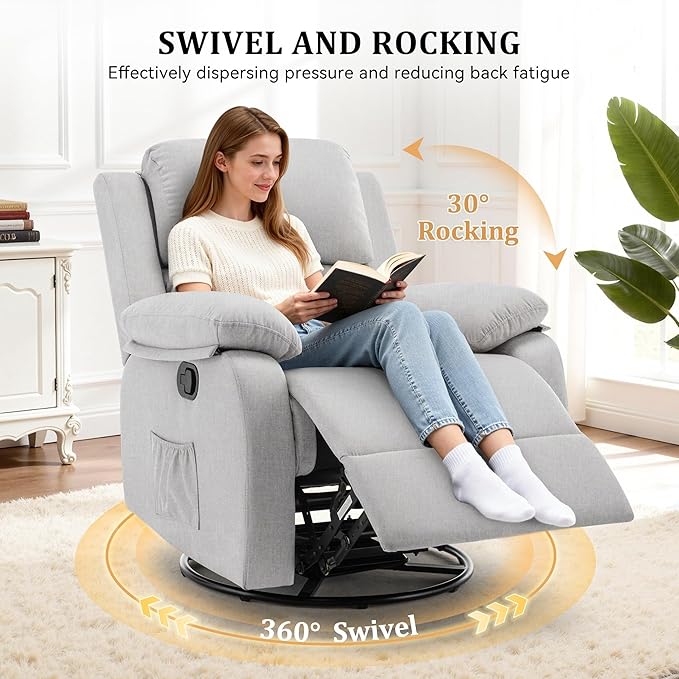 Recliner Chair, 360 Swivel Rocker Chair for Adults, Small Rocking Recliner for Small Spaces, Upholstered Fabric Glider Recliner Nursery