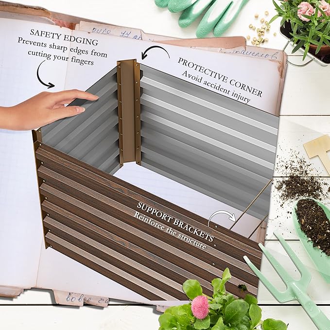 Outsunny 8 x 2 x 2ft Galvanized Raised Garden Bed Kit, Outdoor Metal Elevated Planter Box with Safety Edging, Large Raised Bed for Growing Flowers, Herbs and Vegetables, Brown