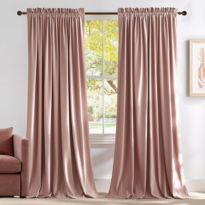 NICETOWN Dusty Pink Velvet Curtains for Backdrops, 120" Long Thermal Insulated Room Darkening Drapes for Film, Extra Long Window Treatments for Large Sliding Door(2 Panels, 52 x 120)
