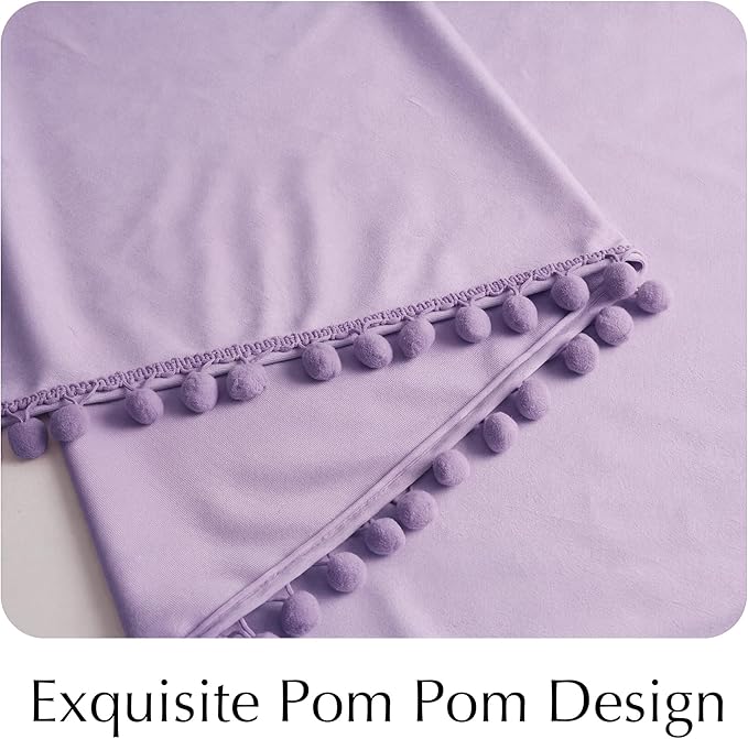NICETOWN Lilac Purple Velvet Curtains 96 Inch Length (2 Panels) – Pom Pom Room Darkening Drapes for Nursery & Kids Room, Thermal Insulated Soft Window Treatments Whimsical Charm Decor