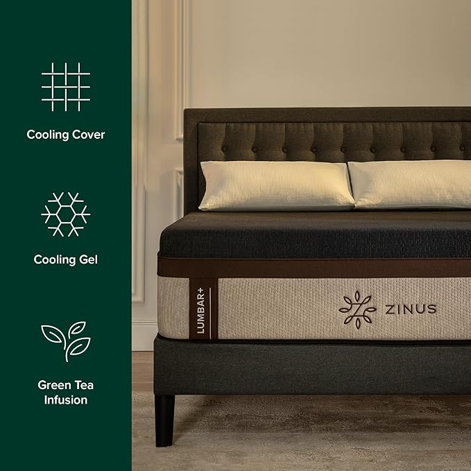 Zinus Lumbar+ Premium 14 Inch Memory Foam Mattress, Lumbar Support, Targeted Pressure Relief, Cooling Gel and Green Tea, Cool-to-The-Touch Cover, Medium Firm Feel, CertiPUR US Certified, King
