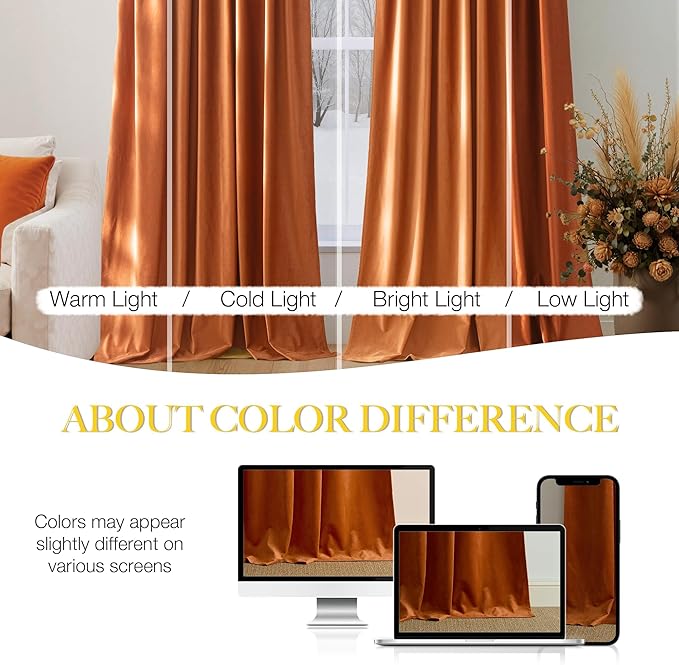NICETOWN Orange Velvet Curtains 96 inch Long - Room Darkening Red Orange Rod Pocket Privacy Backdrops Drapes Soft Window Treatments for Bedroom and Living Room(2 Panels, 52" Wide)