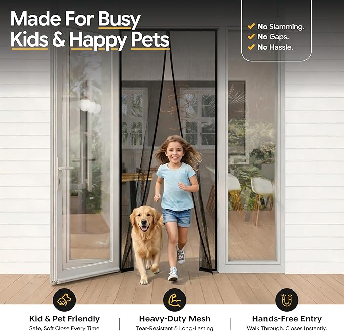 AUGO Magnetic Screen Door - Self Sealing, Heavy Duty, Hands Free Mesh Partition Keeps Bugs Out - Pet and Kid Friendly - Patent Pending Keep Open Feature - 38 Inch x 97 Inch